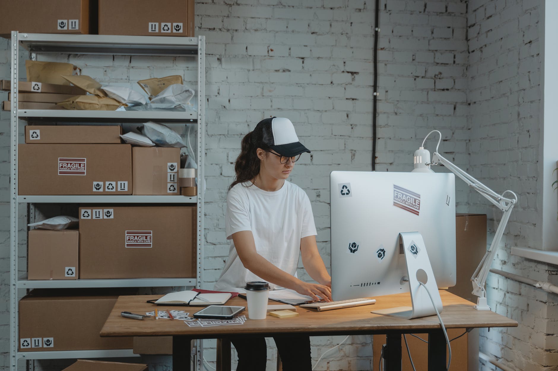 focused woman using computer